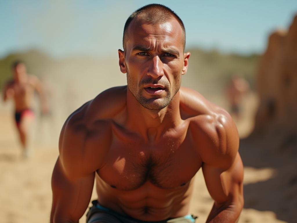 David Goggins portrait with determined expression, symbolizing mental toughness and resilience. Background shows a challenging obstacle course.
