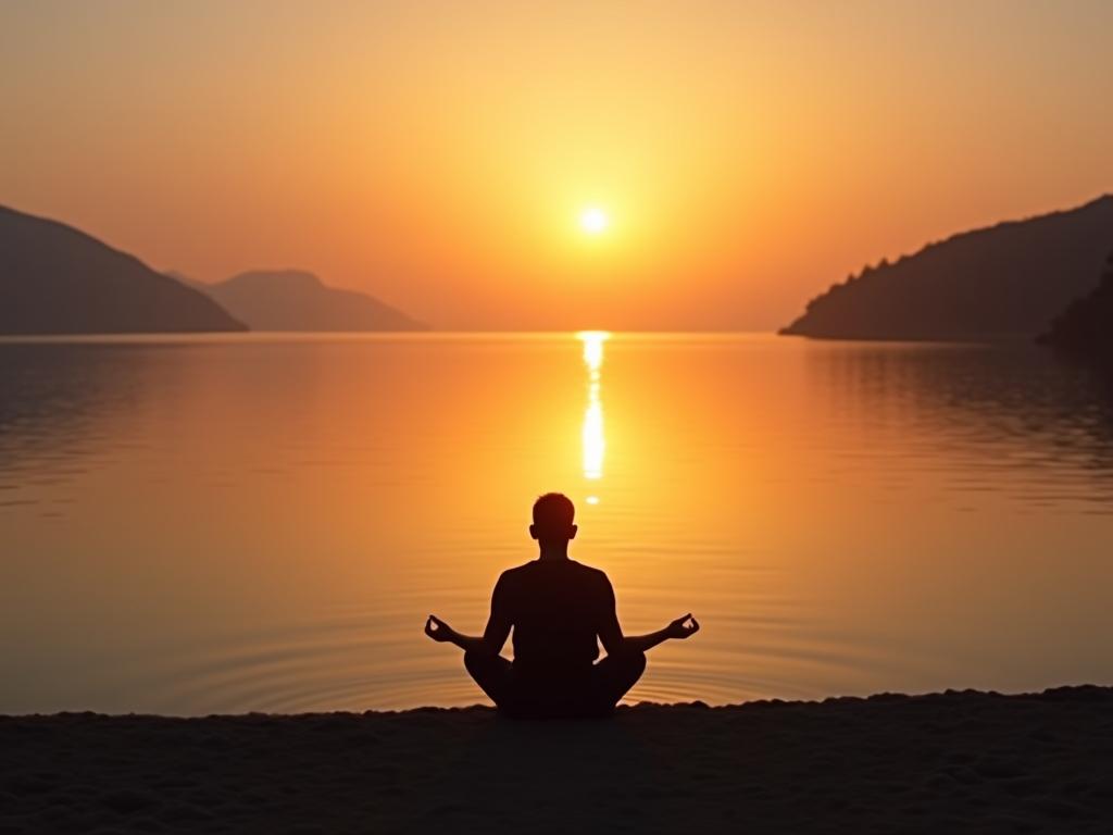 Sunrise over a calm lake, symbolizing a fresh start. A person is meditating in the foreground.