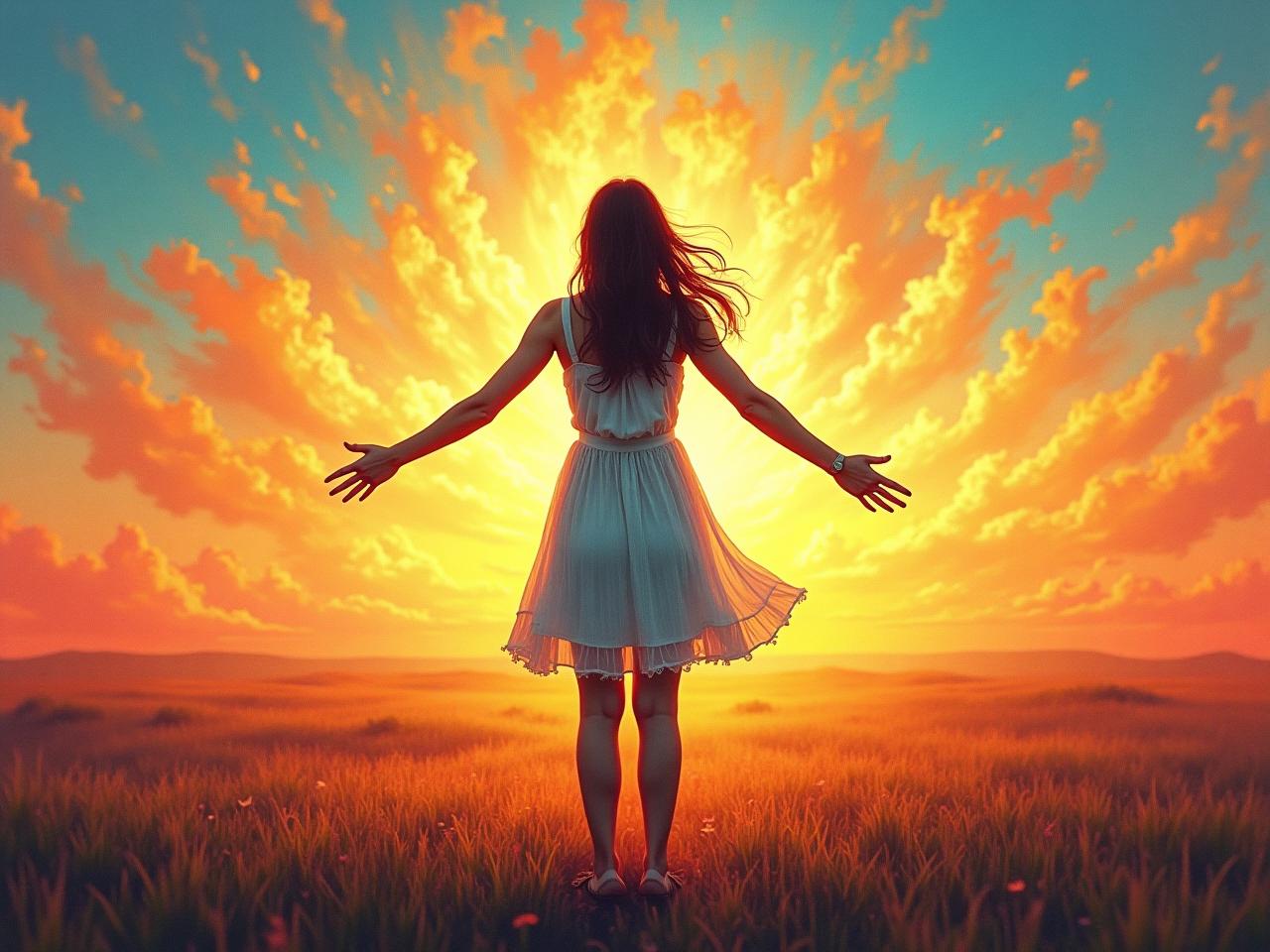 A person standing confidently with arms open wide, embracing their imperfections, symbolizing authenticity and self-acceptance. The background is a vibrant, colorful landscape representing the beauty of imperfection.