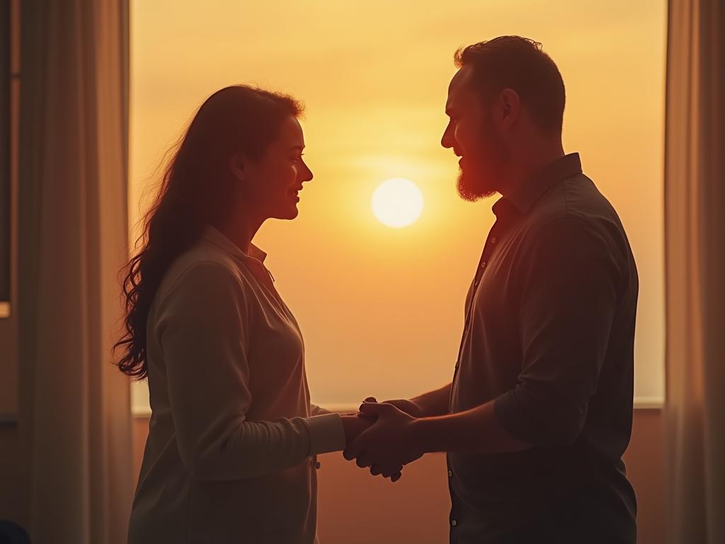 A couple holding hands and talking, with a warm, supportive atmosphere. Keywords: relationship, communication, love, Gottman method.
