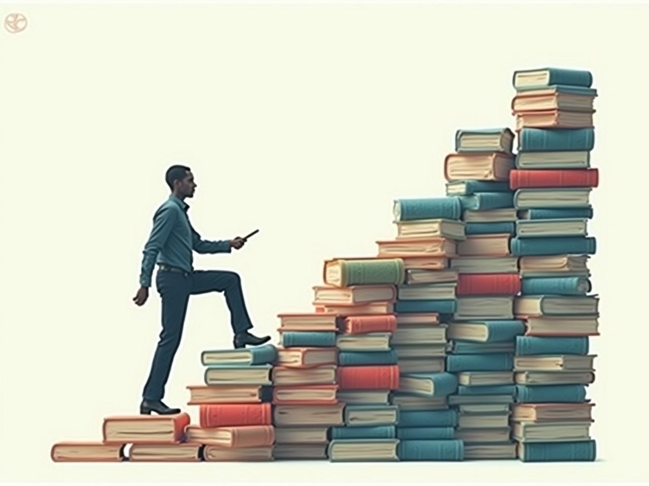A person climbing a staircase made of books, symbolizing the journey of learning and growth with a growth mindset.