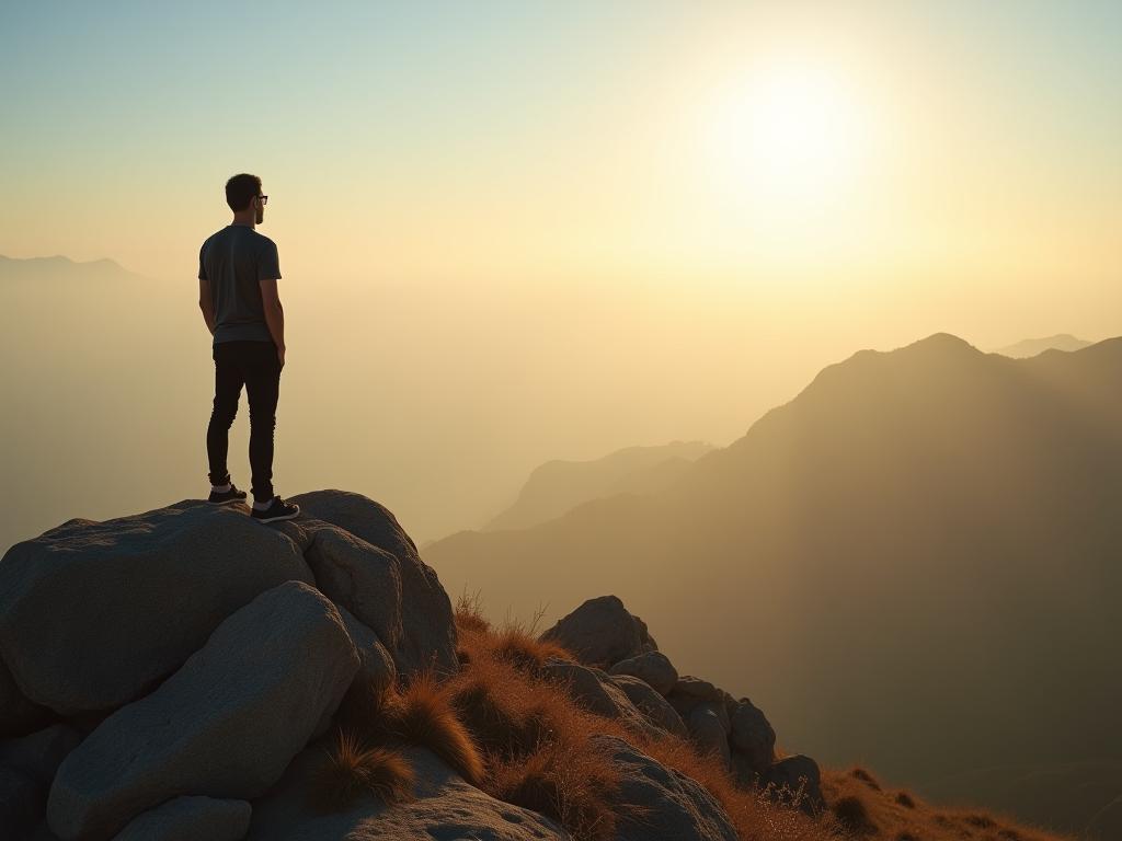 A person standing confidently on a mountain peak, looking out at the horizon. The sun is shining brightly, and there is a sense of accomplishment and empowerment.