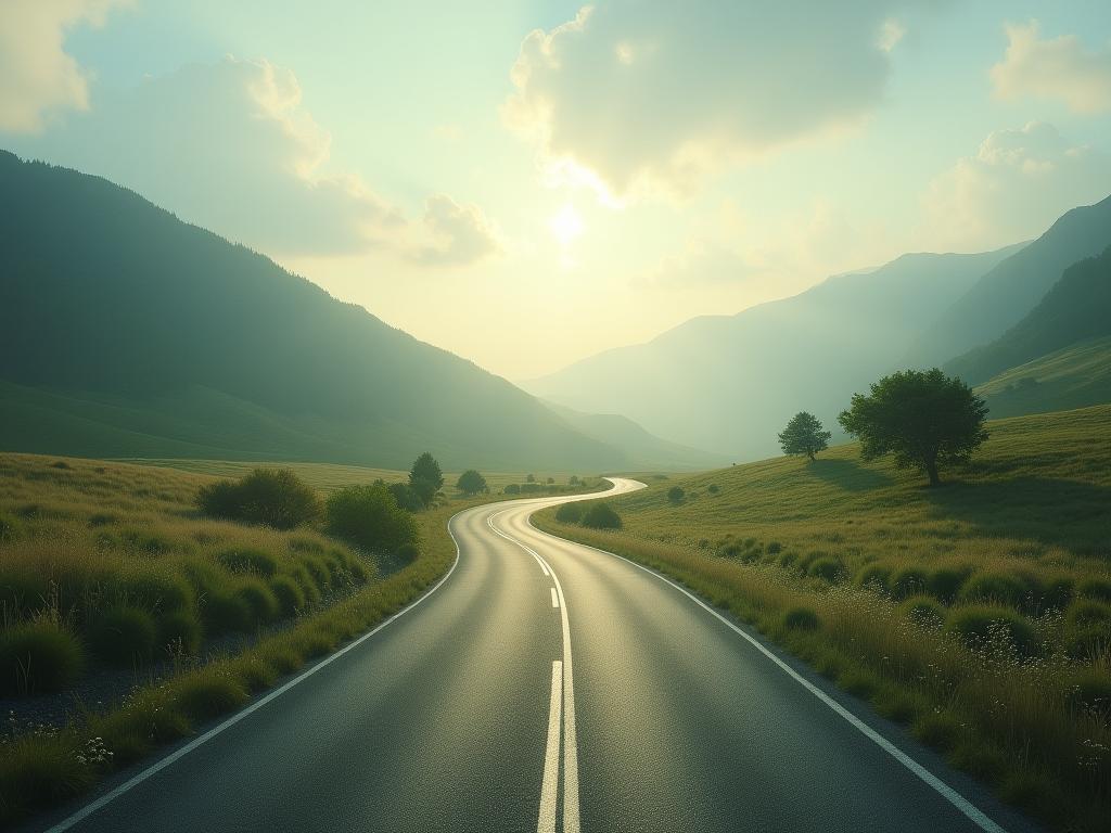 A serene landscape with a winding road, symbolizing the journey of life and embracing the unknown, keywords: uncertainty, journey, peace, mindfulness.