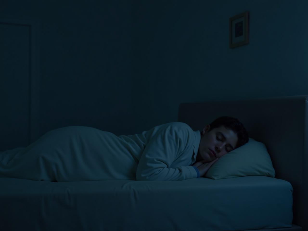 A person sleeping peacefully in a cool, dark room. The room is minimalist and tidy, with a thermostat showing a temperature of 18 degrees Celsius. The person is covered with a light blanket and wearing comfortable pajamas.