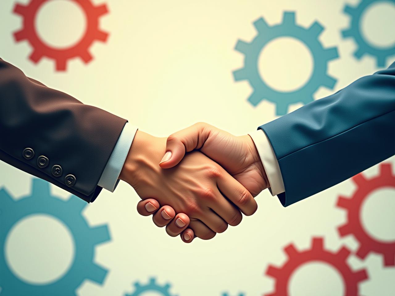 Two hands shaking symbolizing a win-win situation with gears in the background, representing efficiency and collaboration.