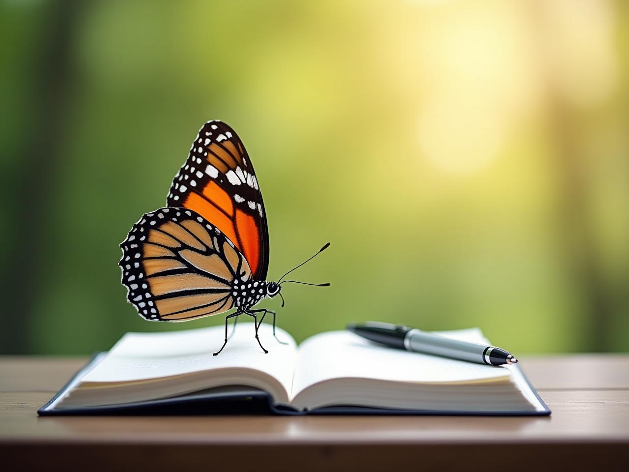 A butterfly taking flight, symbolizing the ripple effect of small actions leading to significant change. A journal and pen are placed beside it, representing the Advance Journaling technique.