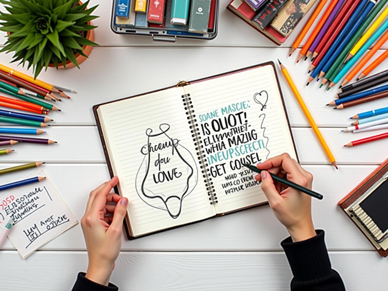A person sketching in a notebook surrounded by colorful pens, books, and inspirational quotes, representing the practice of idea journaling.