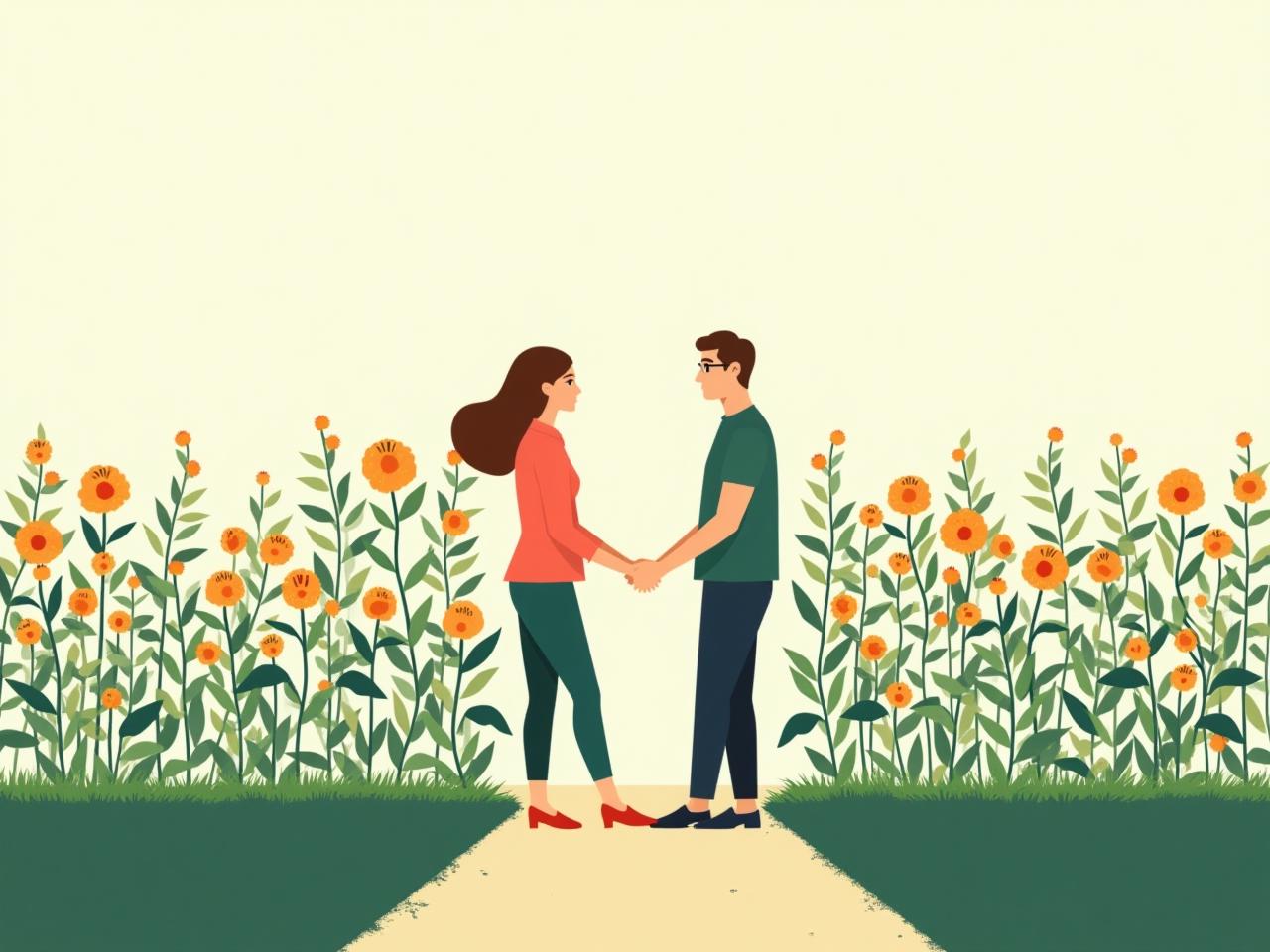 A vibrant illustration depicting two people standing on opposite sides of a flexible, interwoven fence made of plants. The plants are growing and intertwining, symbolizing the dynamic and evolving nature of boundaries in relationships. The overall tone is positive and encouraging.