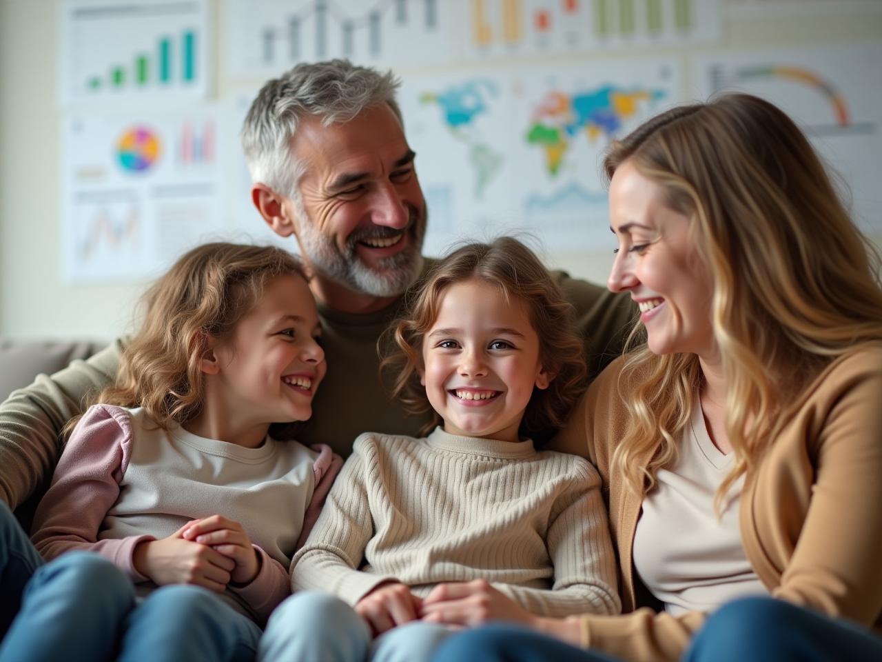 A multigenerational family sitting together, smiling. Financial charts and diagrams are subtly visible in the background, representing careful planning and a secure future.