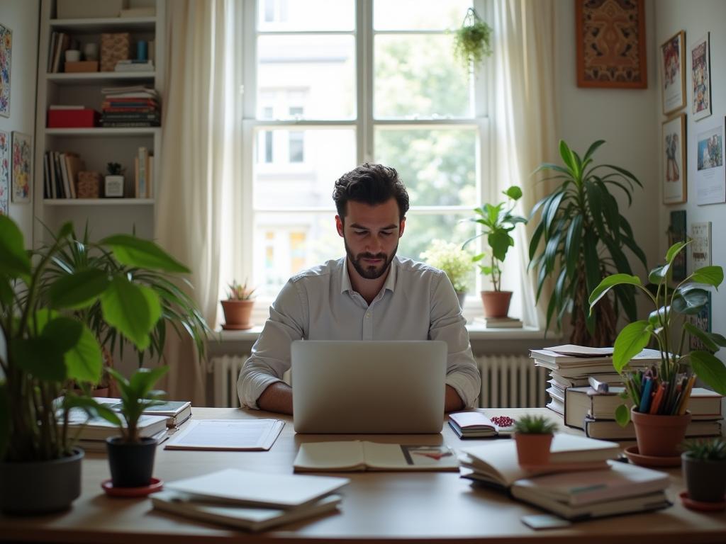 A person sitting at a desk in a bright, organized workspace with plants, books, and a laptop, surrounded by inspirational objects, deeply focused on their work. The scene conveys a sense of calm, creativity, and productivity.