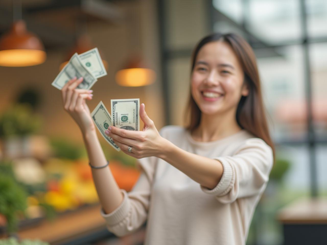 A person happily paying for groceries with cash, symbolizing financial freedom and control over spending. Keywords: financial freedom, cash, budgeting, saving money, debt free