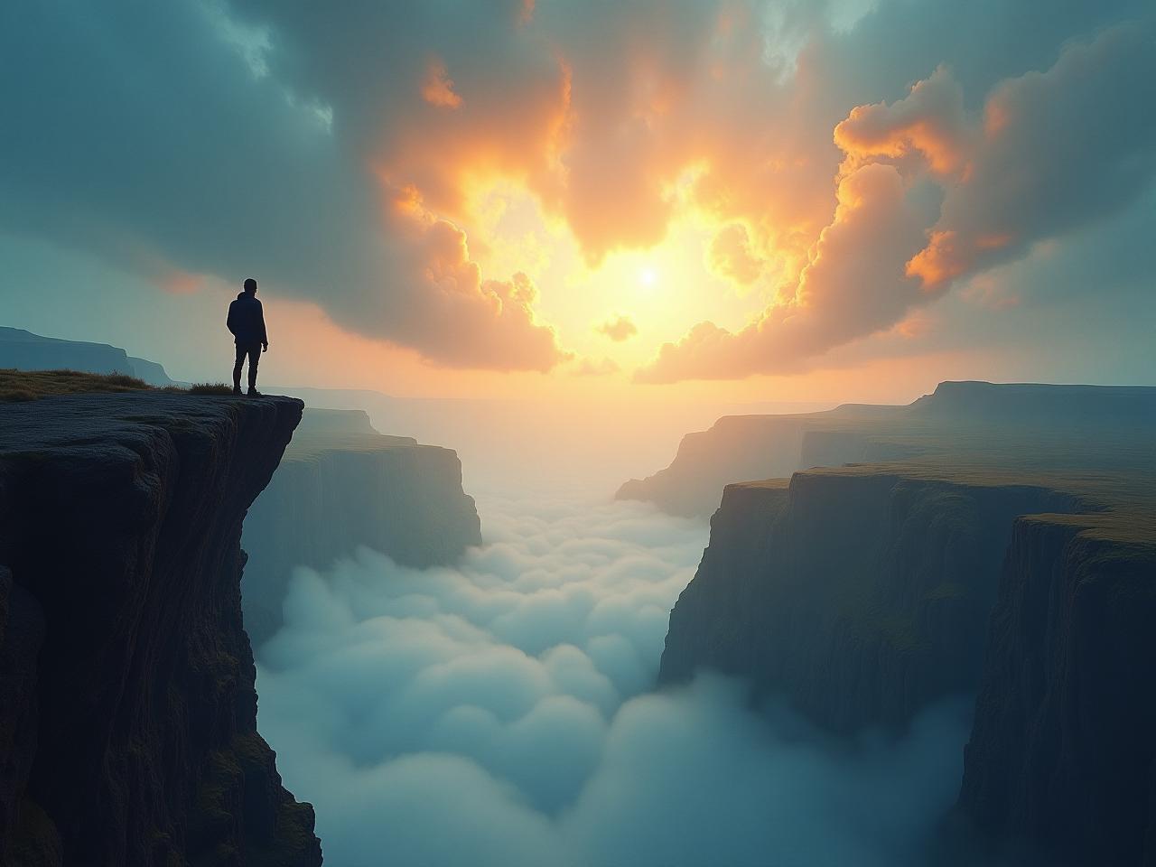 A person standing on a cliff edge, looking out at a vast, colorful landscape with swirling clouds. The image is meant to evoke feelings of courage, vulnerability, and the beauty of taking risks.