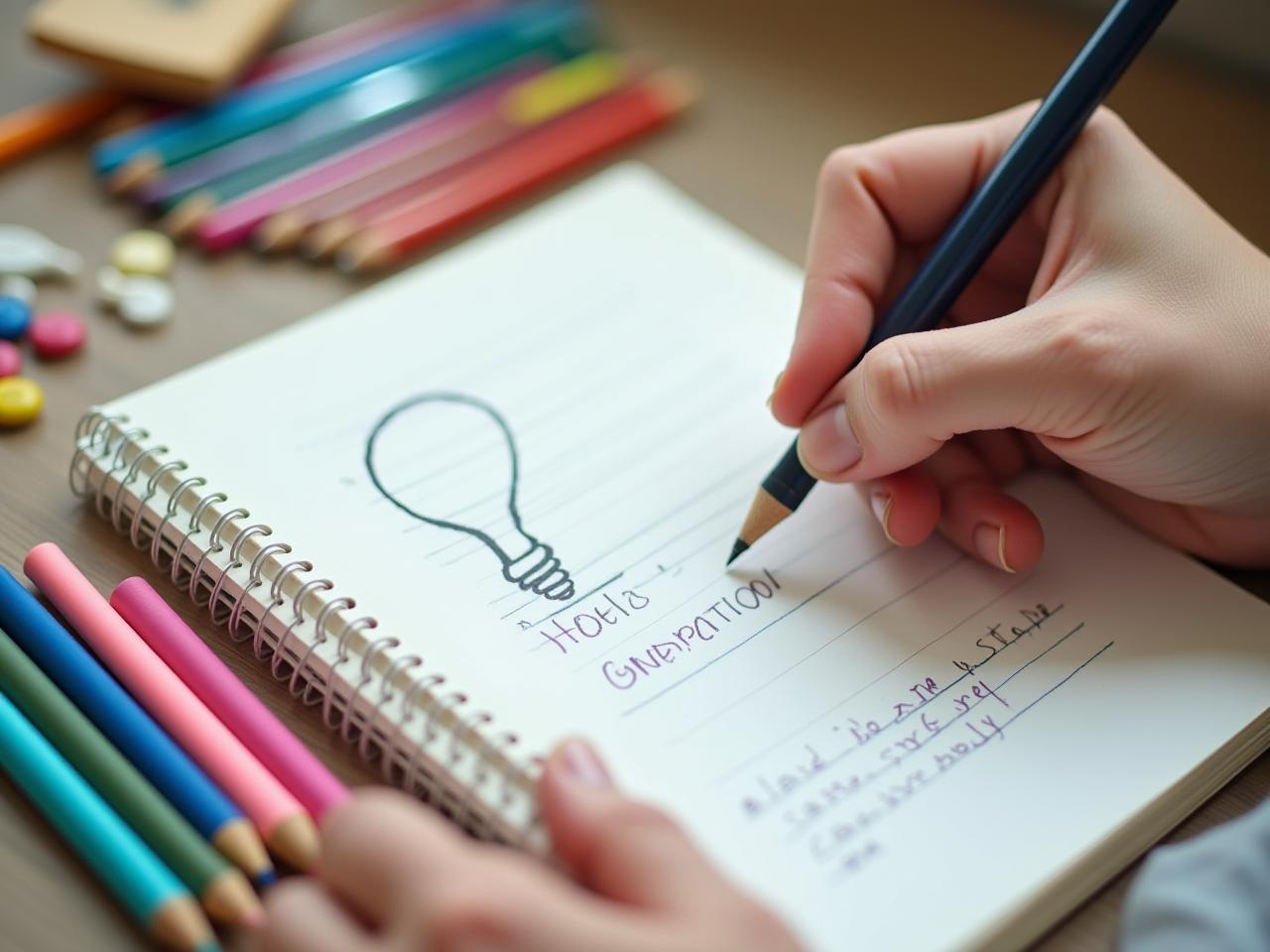 A person writing in a notebook with colorful pens and inspiring objects around, representing creativity and idea generation.