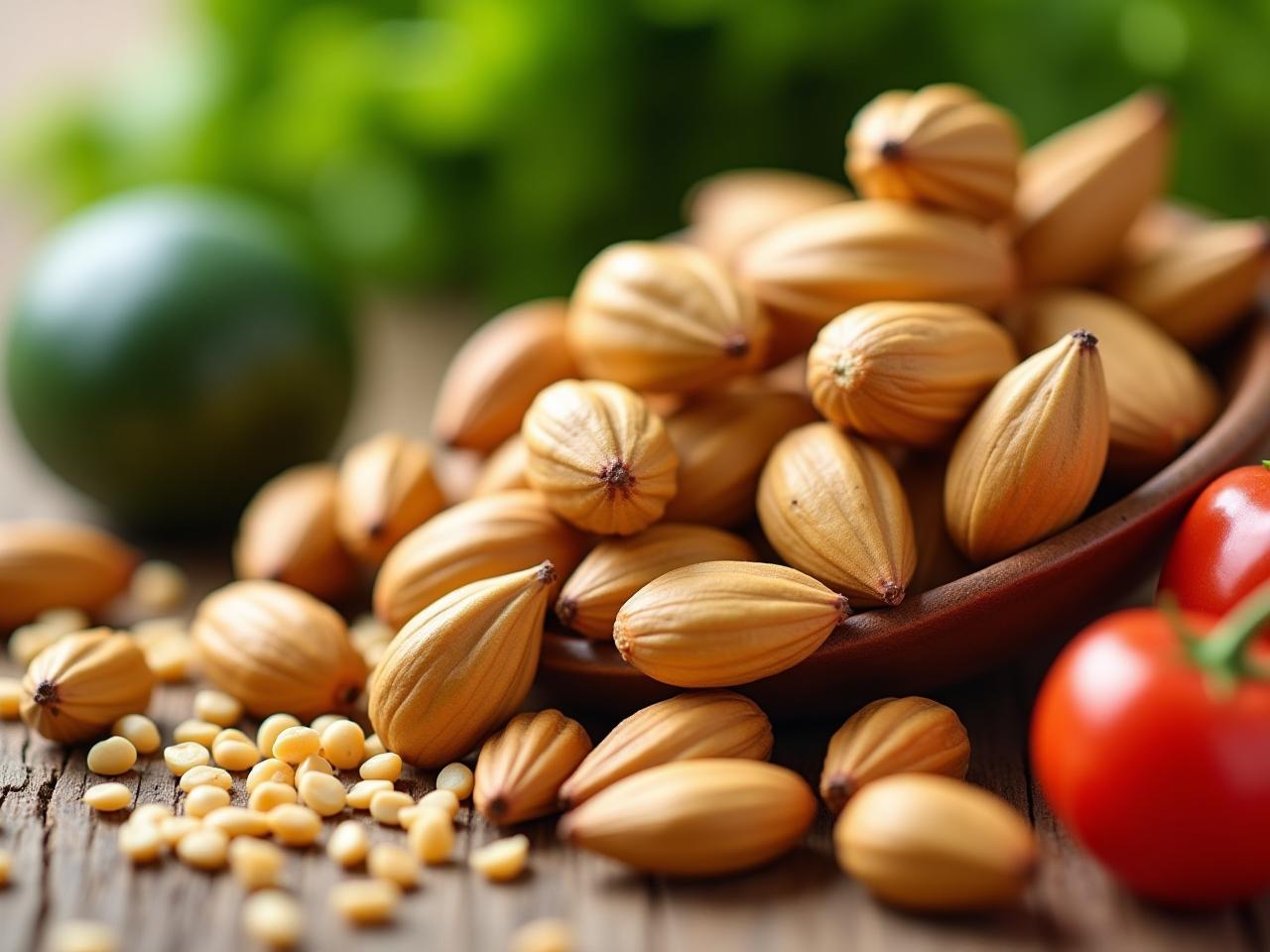 Close-up of brazil nuts with green leafy vegetables and whole grains in the background, showcasing a healthy diet rich in selenium and plant-based foods. The title of the book How Not to Die by Michael Greger is subtly visible.