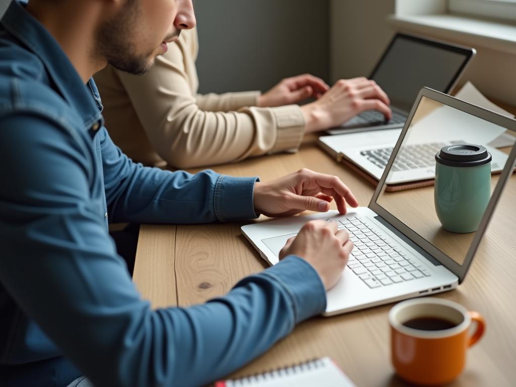 A person working on a laptop with a cup of coffee and a notebook, representing the concept of a one-person startup.