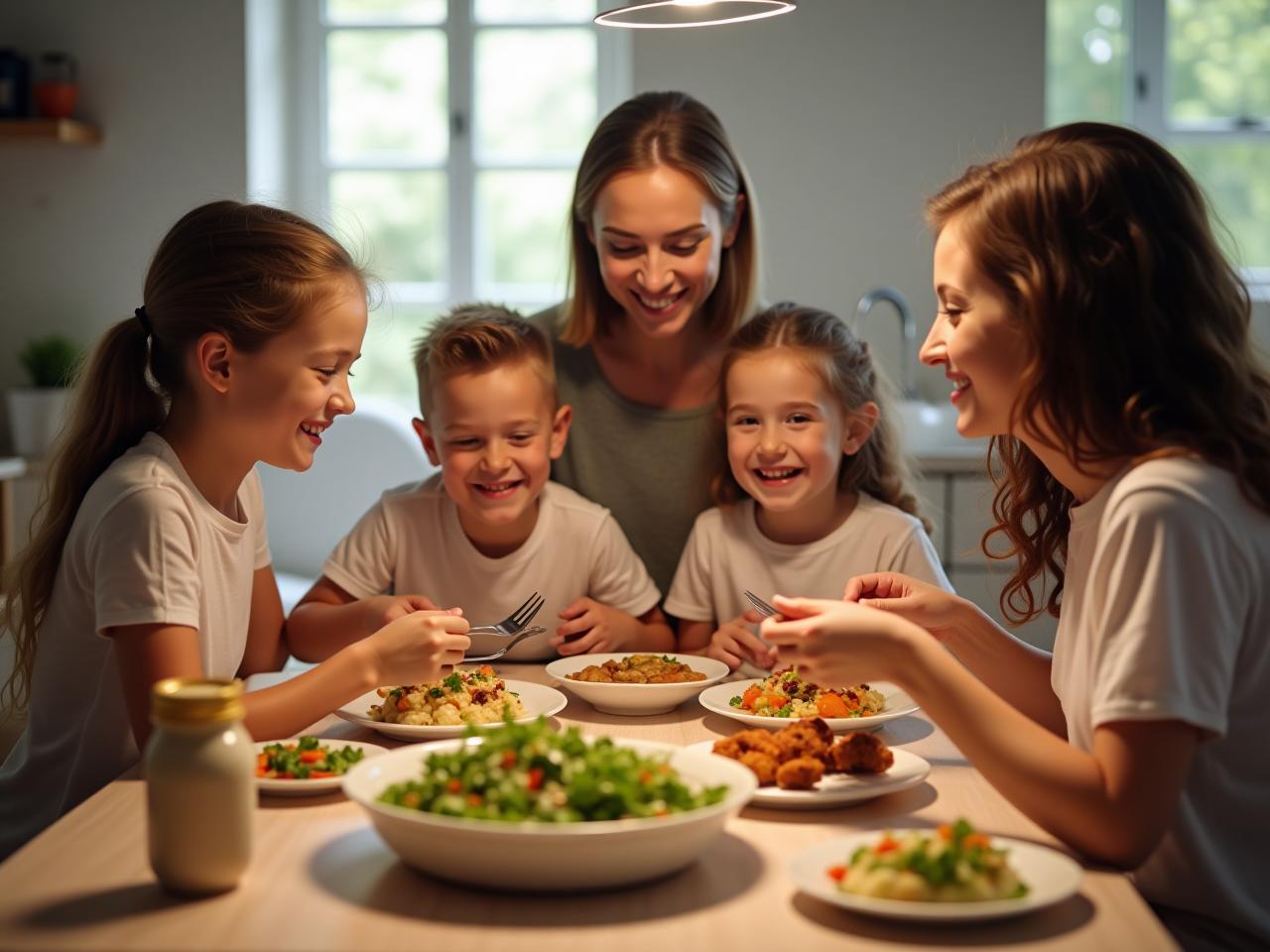 A family sitting around a table, enjoying a healthy and delicious meal together, with happy expressions on their faces.