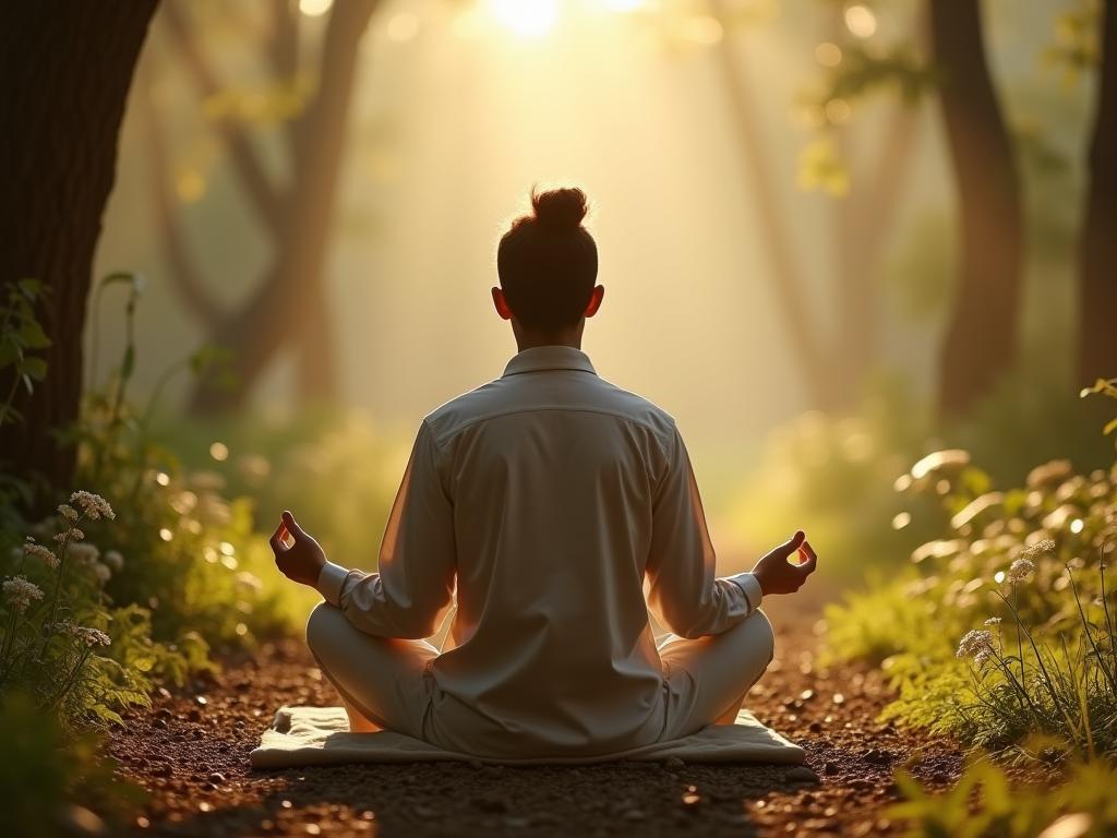A person meditating in a peaceful natural setting, representing the core principles of The Power of Now and mindfulness.
