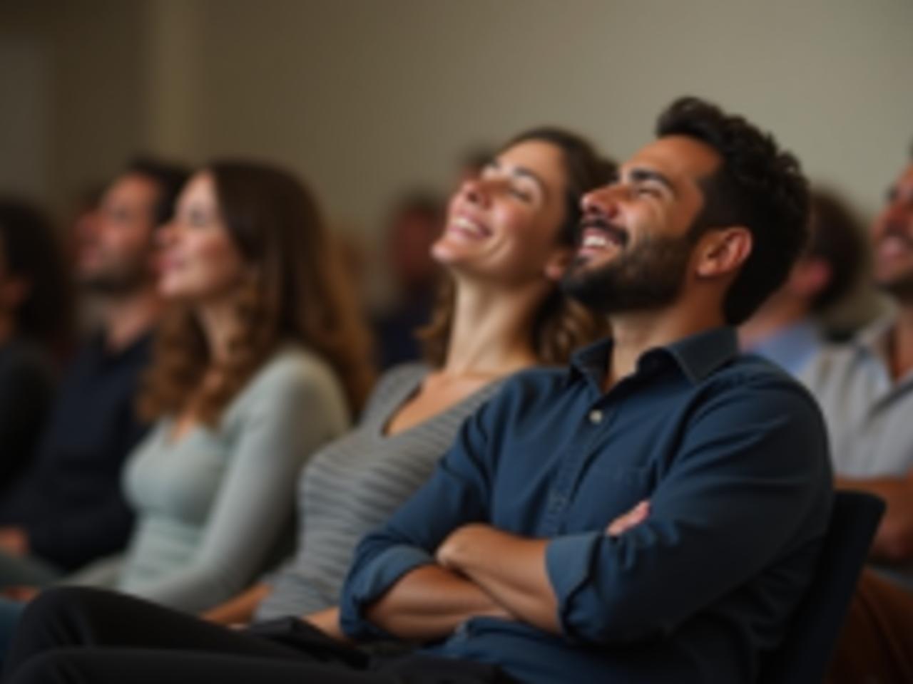 A person sitting peacefully with their eyes closed, visualizing a successful presentation with a smiling audience in the background.
