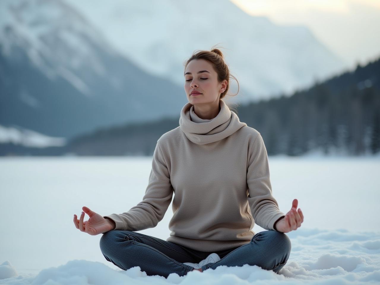 Woman meditating in a cold outdoor setting, practicing Wim Hof breathing techniques.
