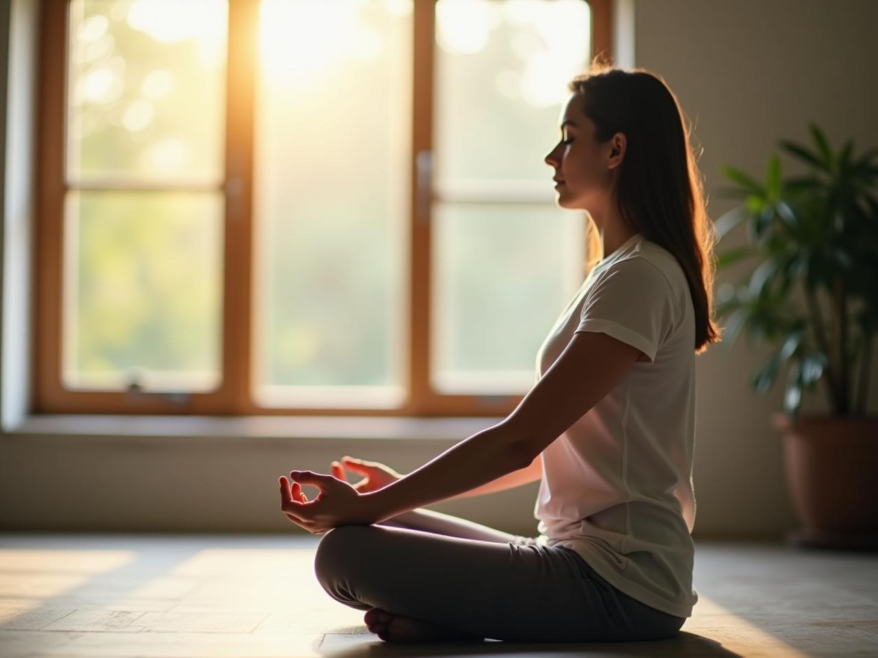 A person meditating in a calm environment, focusing on their breath. The image represents mindfulness and self-awareness.