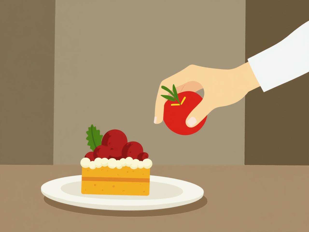 A person reaching for a tempting dessert, but stopping themselves and reaching for a healthy fruit instead. Focus on the hand reaching for the fruit, symbolizing self-control and healthier choices.