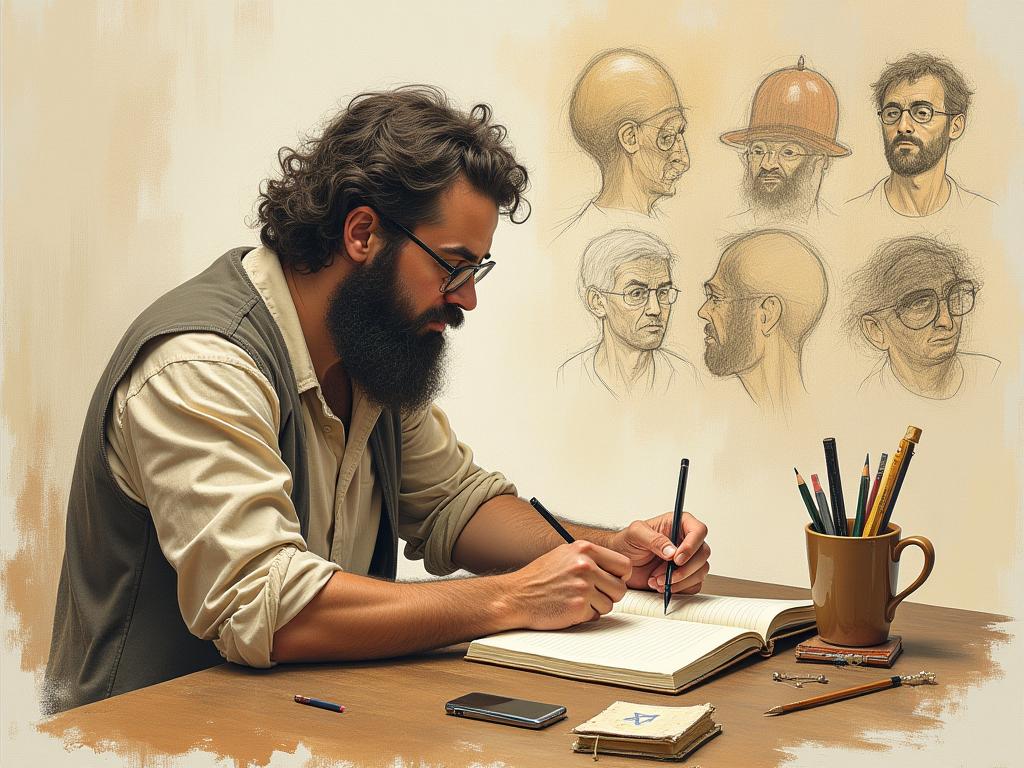 A person writing in a notebook with sketches and drawings surrounding them, symbolizing creativity and inspiration.  Key words: creativity, sketchbook, idea generation, innovation, thinking like Leonardo da Vinci.