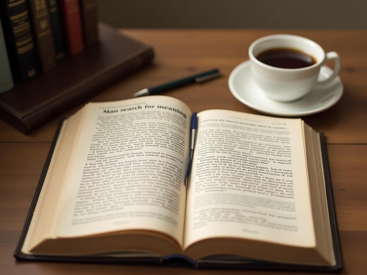 Open book titled Mans Search for Meaning by Viktor Frankl, lying on a wooden desk with a pen and a cup of coffee. The image conveys a sense of contemplation and searching for purpose.