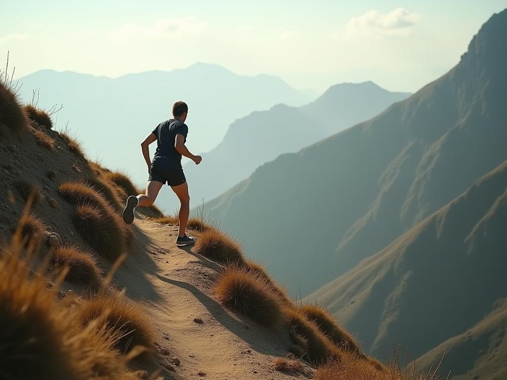 A person running up a steep mountain trail, symbolizing overcoming challenges and building resilience, inspired by David Goggins Cant Hurt Me.