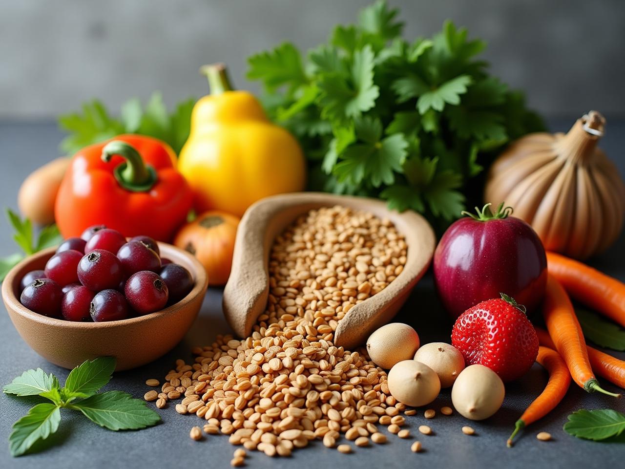 Still life of healthy food ingredients including fruits, vegetables, grains, and nuts, symbolizing balanced diet for stress management, inspired by Deepak Chopras book Life Without Stress.