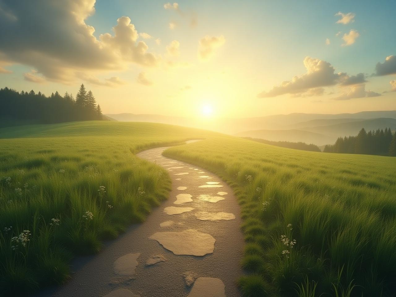 A serene landscape with a winding path, symbolizing the journey of life and the acceptance of uncertainty. The path leads towards a bright horizon, representing hope and new possibilities.