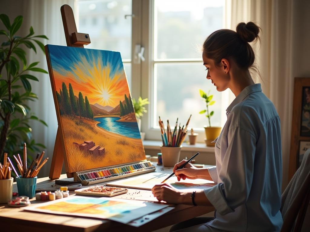 Person painting a watercolor landscape in a sunlit room, surrounded by art supplies, representing the concept of analog creativity.