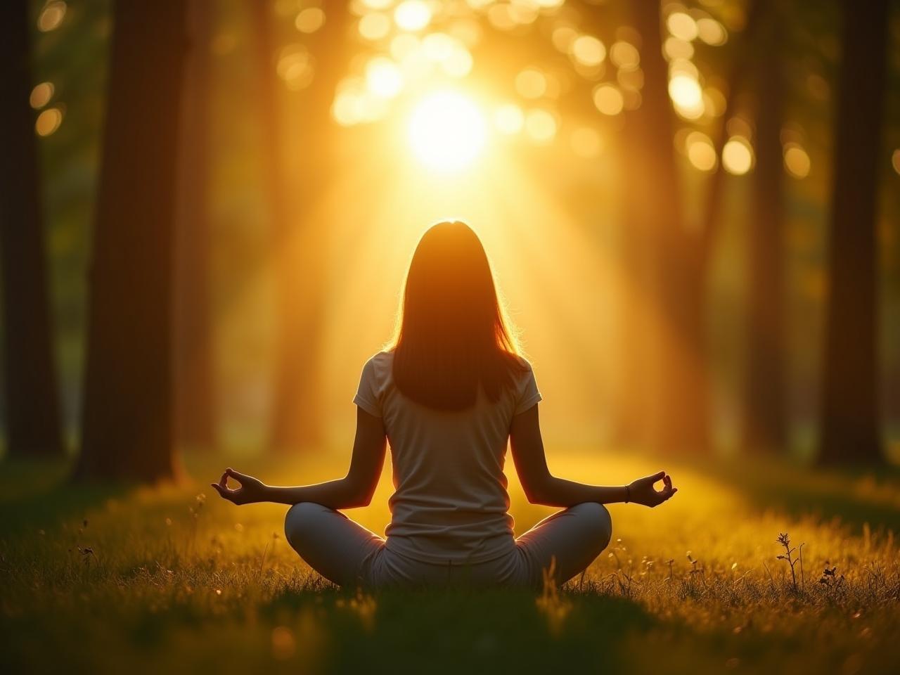 A person meditating in nature with sunlight shining through the trees. The image represents peace, mindfulness, and connection with nature.
