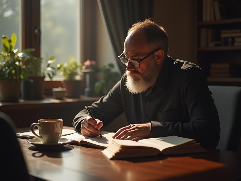 Person sitting at a desk, reflecting and planning in a journal with a cup of coffee and a book titled The 5 AM Club.
