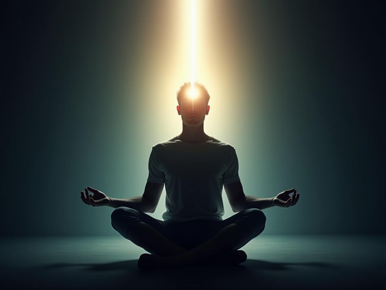 A person meditating with a focused beam of light emanating from their head, symbolizing focused mental energy and clarity, inspired by Joe Dispenzas Becoming Supernatural.