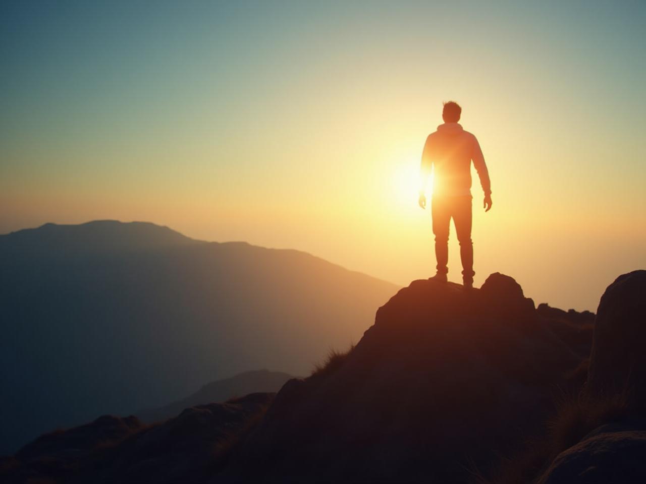 A person standing on a mountain peak, looking towards a bright horizon, symbolizing taking control of ones life and future.