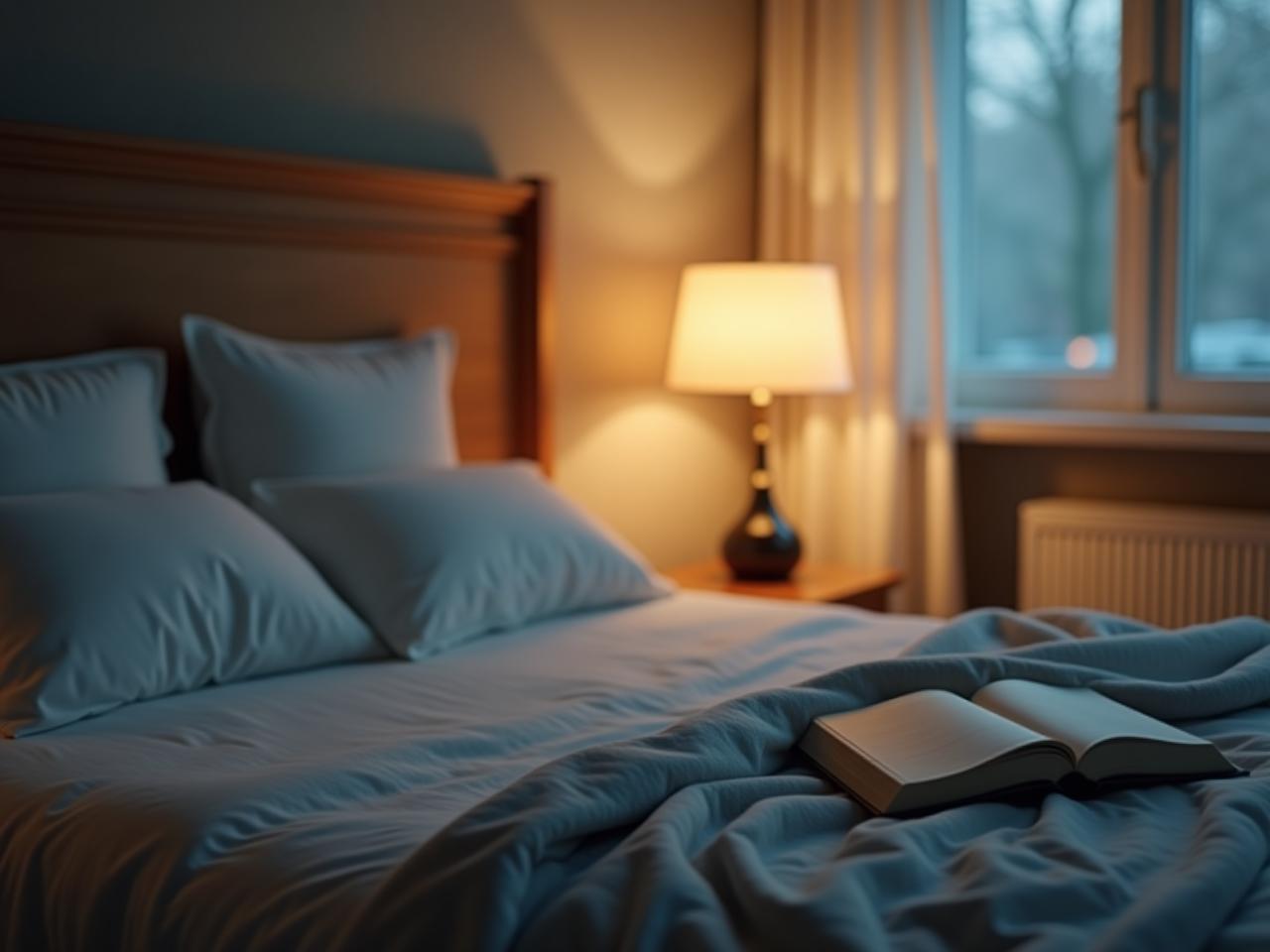 A serene bedroom scene with soft lighting, comfortable bedding, and a book on the nightstand, representing a relaxing sleep environment.