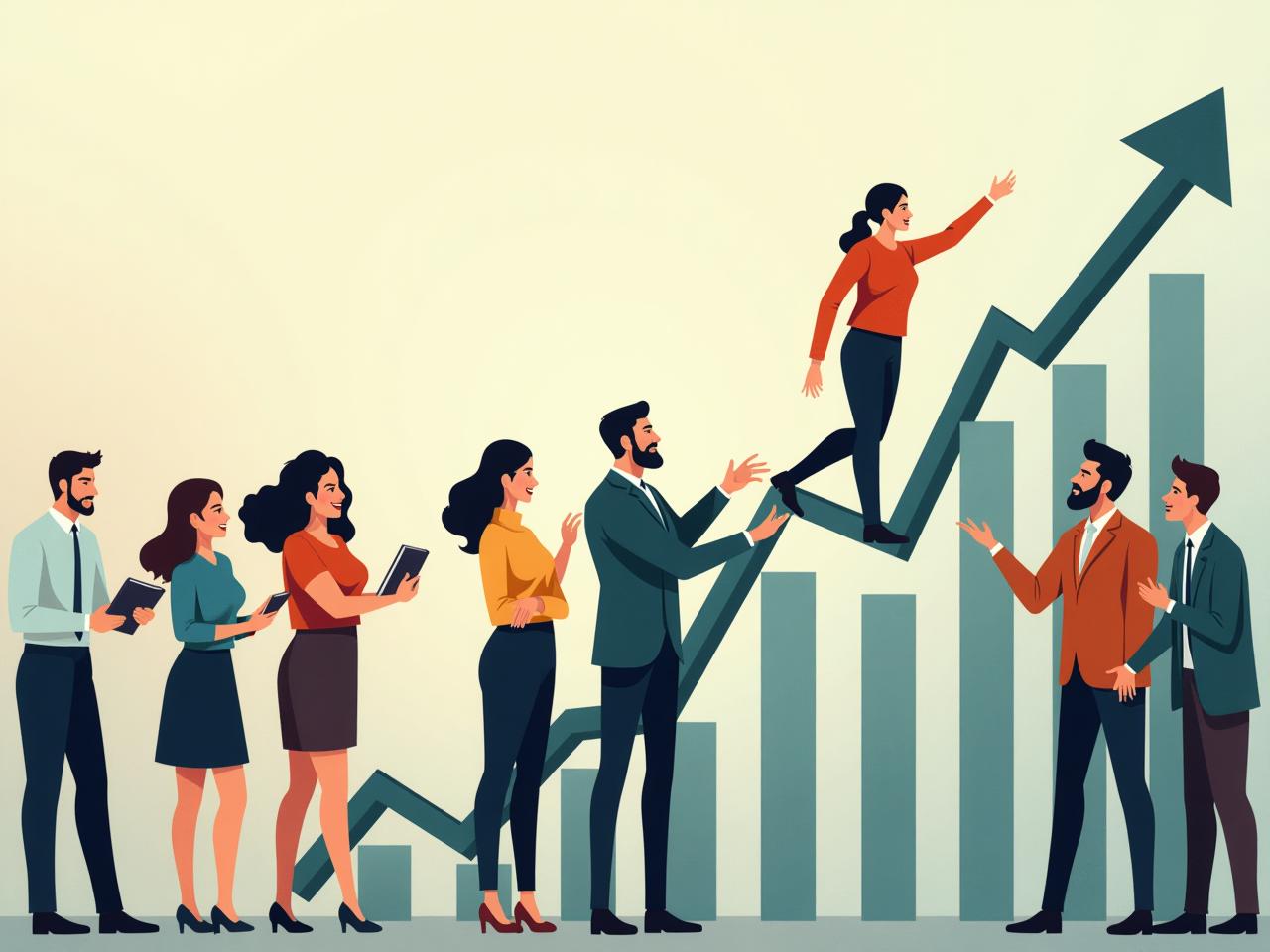 A group of diverse people collaborating on a financial chart with positive upward trends, symbolizing growth and shared financial success. Books by Robert Kiyosaki are visible in the background.