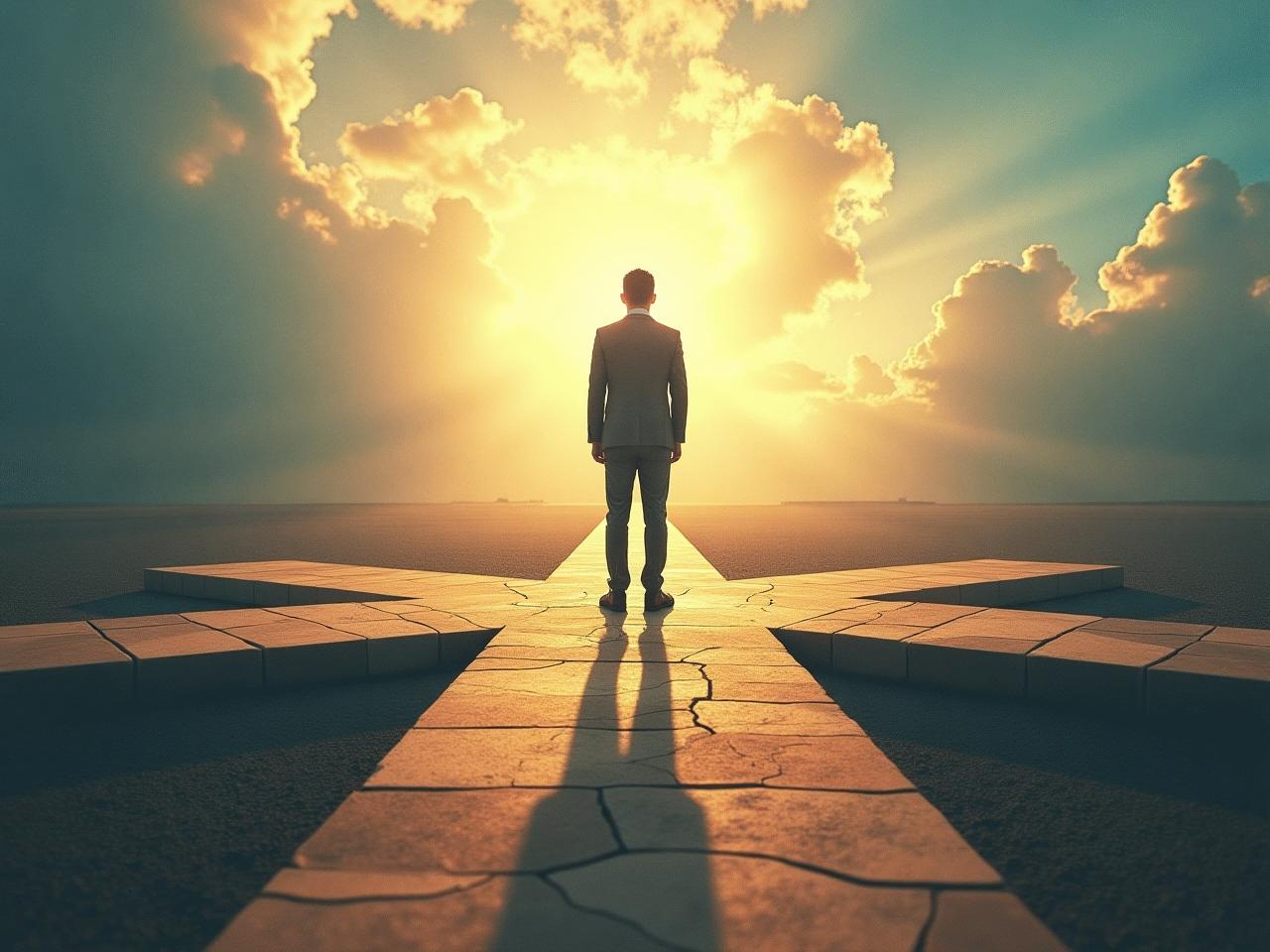 A person standing at a crossroads, representing new beginnings and choices, symbolizing the concept of the Beginners Mind.