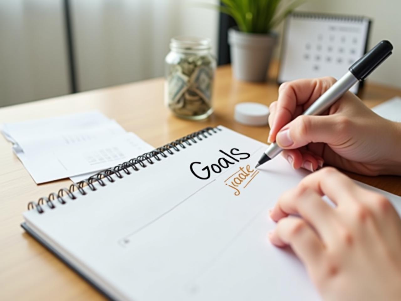 Image of a person writing down financial goals in a notebook, with a calendar and a money jar in the background.