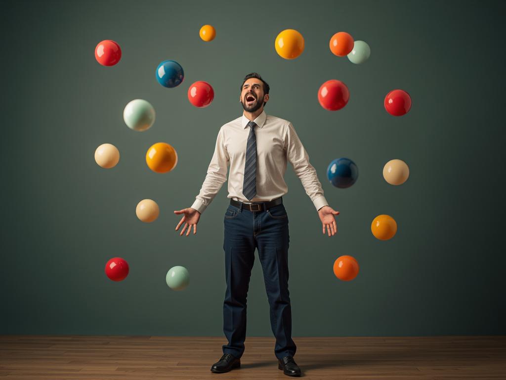 A juggler struggling to keep too many balls in the air, symbolizing the overwhelming feeling of having too many ideas and projects.