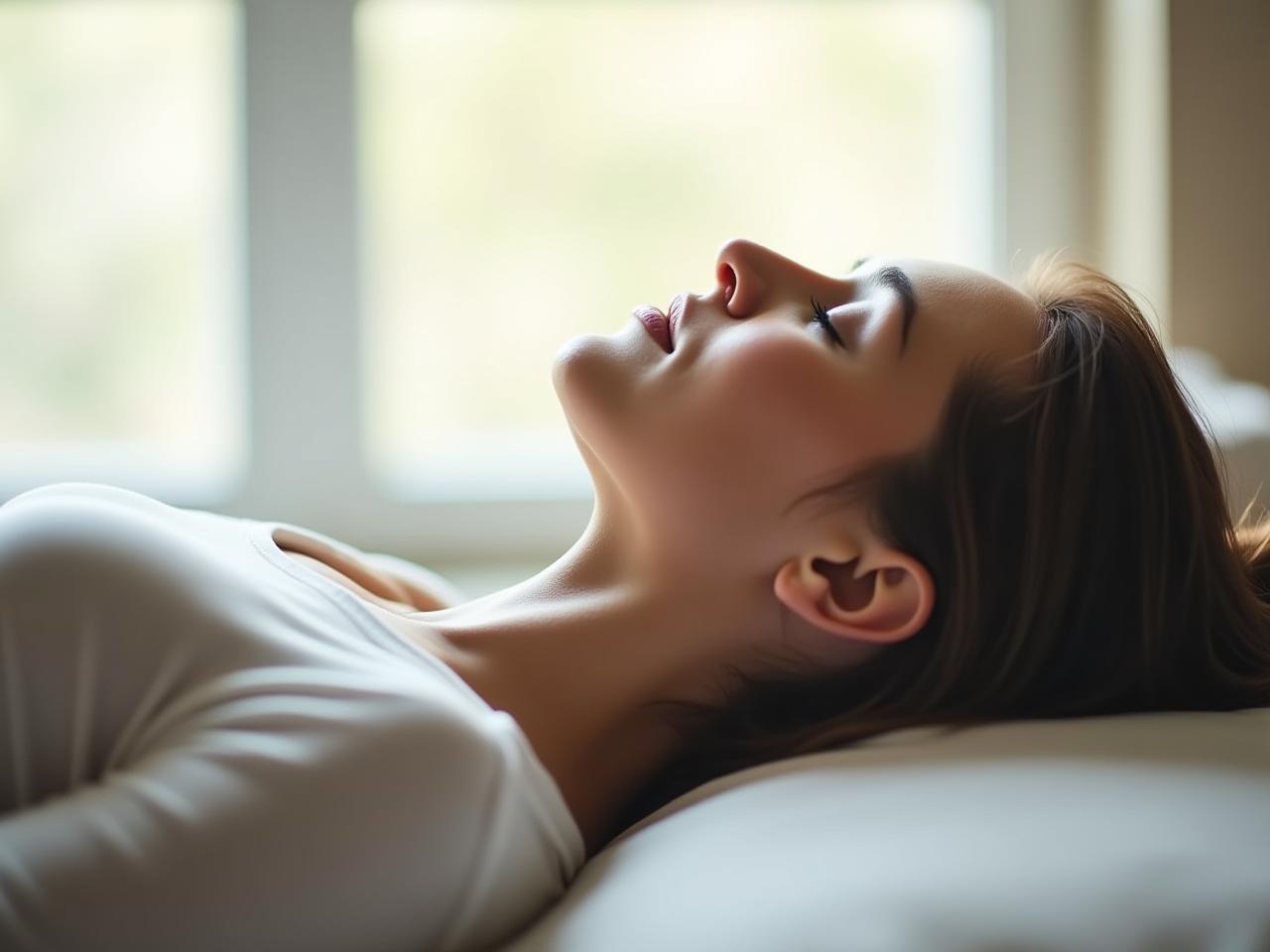 A person lying down in a comfortable position, eyes closed, with soft light filtering through a window. The image conveys a sense of calm and relaxation, representing the practice of body scan meditation for pain management.