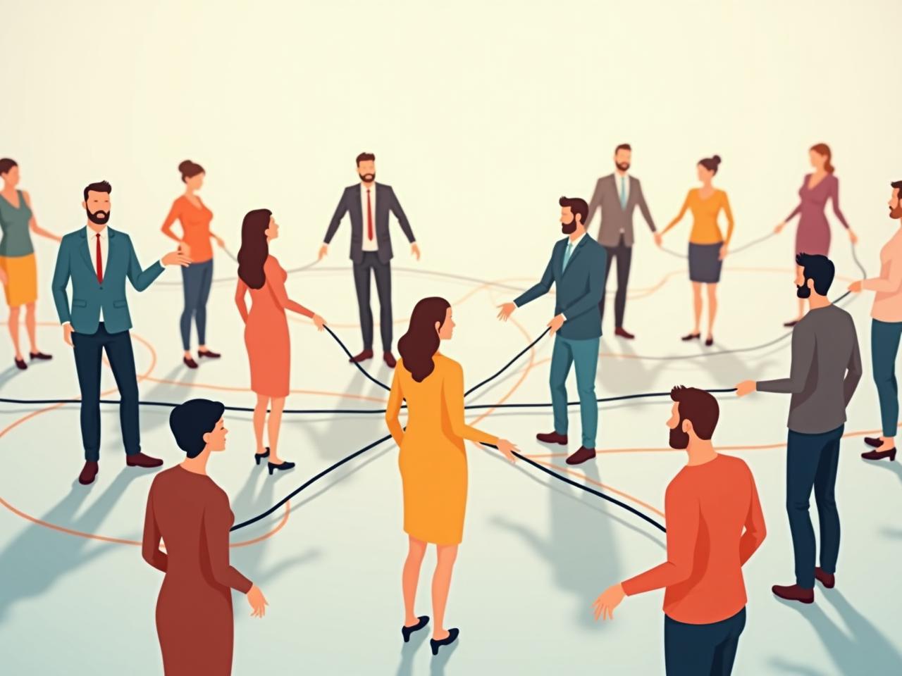 A diverse group of people connecting through lines representing emotional connection, symbolizing leadership and teamwork.
