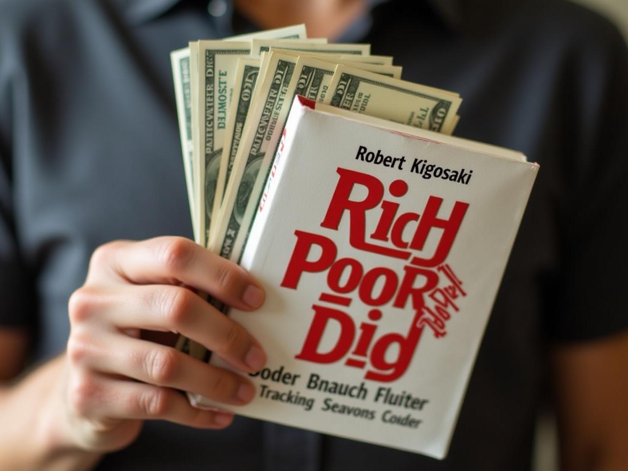 Image of the book Rich Dad Poor Dad by Robert Kiyosaki with a person holding money in the background, symbolizing financial literacy and independence.
