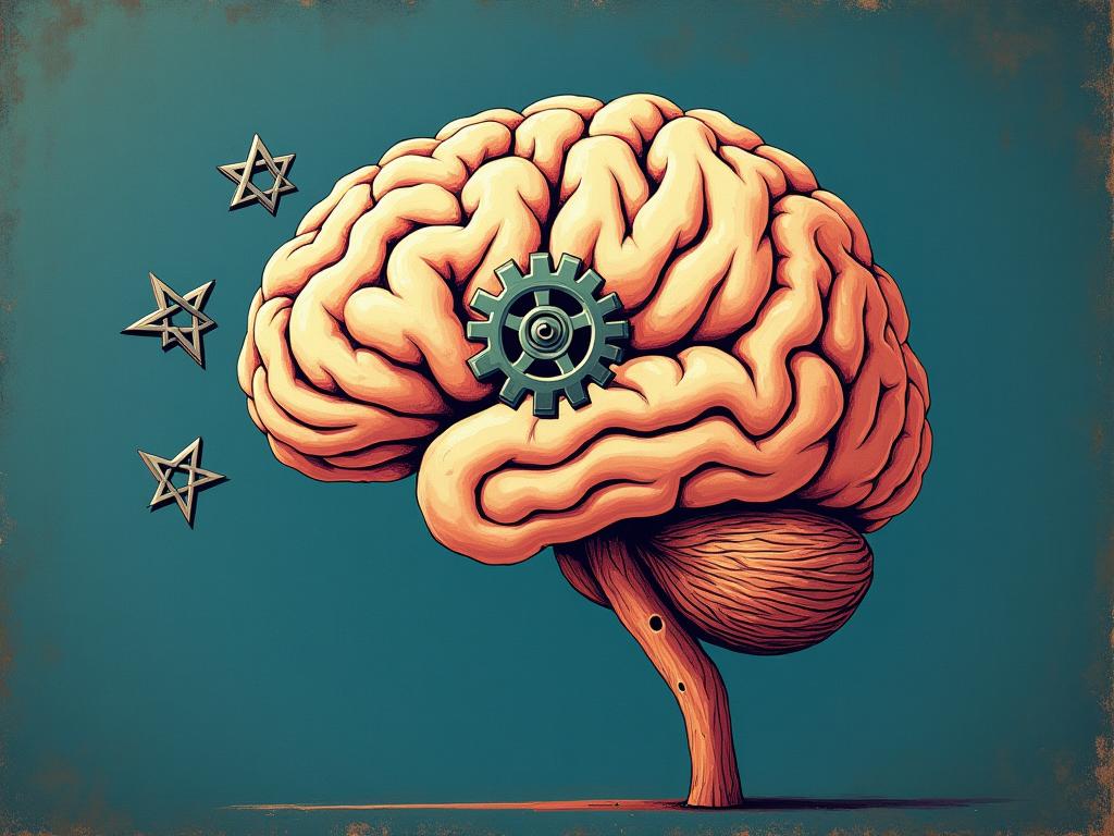 Brain with gears turning slowly, representing deliberate and thoughtful decision-making inspired by Thinking, Fast and Slow by Daniel Kahneman.