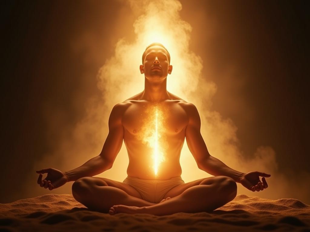 Person meditating with light radiating from their body, symbolizing self-healing and mindfulness. Keywords: Joe Dispenza, Becoming Supernatural, meditation, self-healing, mind-body connection.
