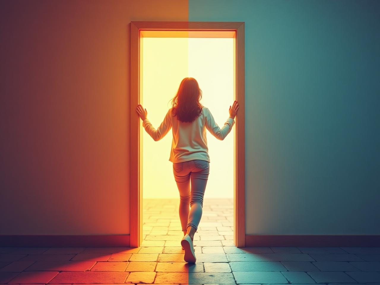 Person stepping confidently out of a doorway representing their comfort zone, towards a brighter, more colorful path, symbolizing growth and self-confidence. The image emphasizes the first step as the most crucial.