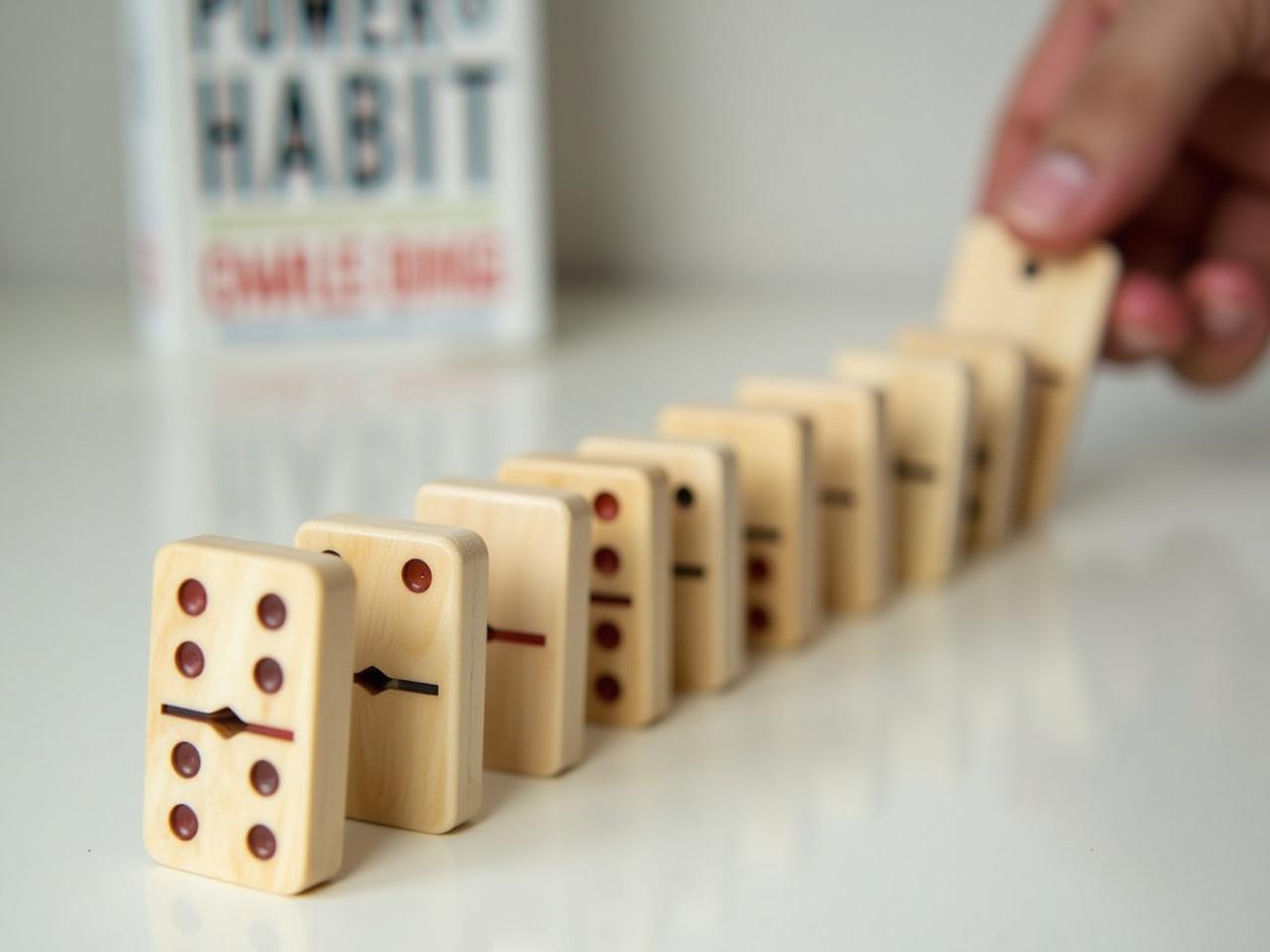 Image of a domino effect, symbolizing how one small habit can trigger a series of positive changes. The book The Power of Habit by Charles Duhigg is visible in the background.