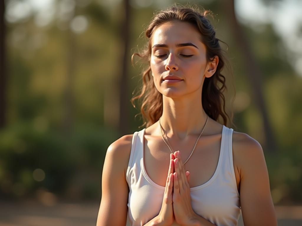 Close-up shot of a person meditating outdoors with a serene expression, symbolizing mindfulness and the power of being present.