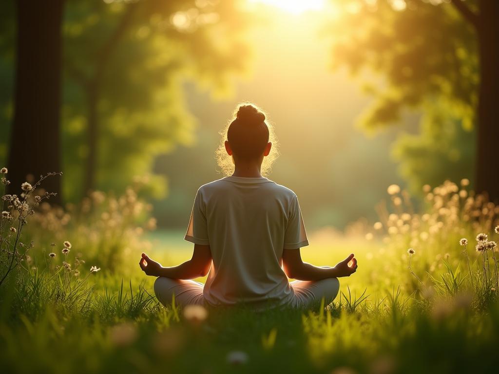 A serene image of a person meditating in nature, surrounded by greenery and sunlight, embodying mindfulness and inner peace. Keywords: Mindfulness, meditation, nature, inner peace, John Kabat-Zinn.