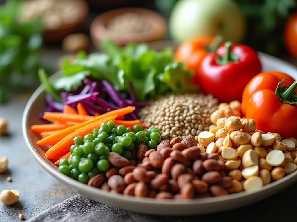 Close-up shot of a colorful plate filled with fresh vegetables, fruits, legumes, nuts, and seeds, representing a whole foods diet. The title of the book The Whole Body Guide is subtly placed in the background.